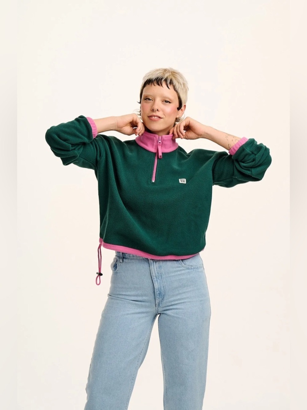 Lucy & Yak Blair Fleece Pullover Green Pink S Gorpcore Retro 90s Quarter Zip